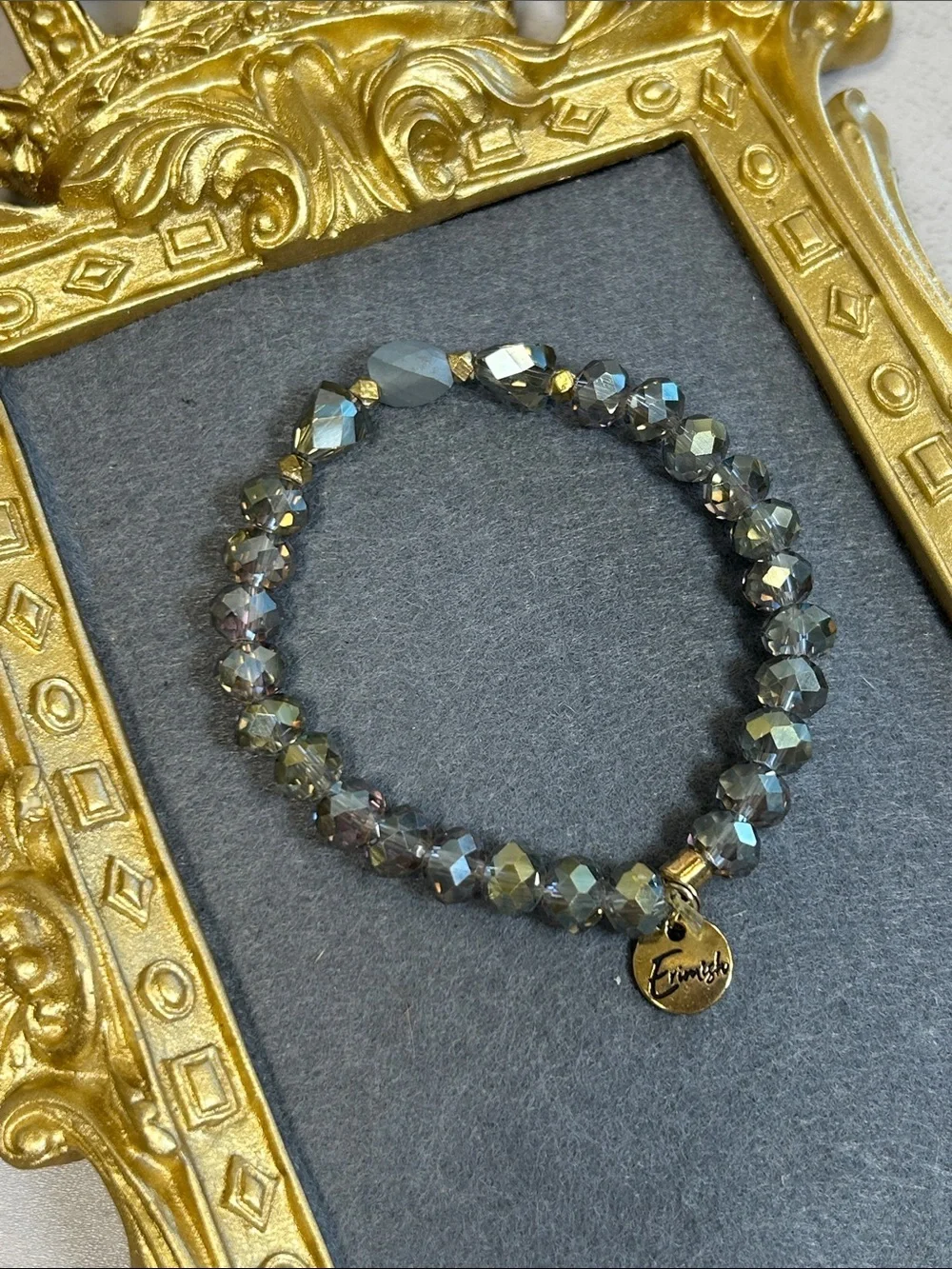 Greenish Gray Iridescent Crystal Beaded Stretch Bracelet